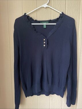 Ralph Lauren Navy Blue Ruffled V-Neck Button Pullover Sweatshirt
